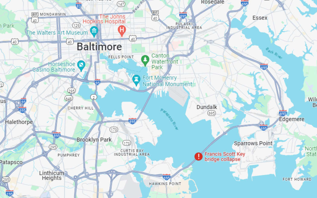 Map of Francis Scott Key bridge on the Patapsco River near Baltimore.