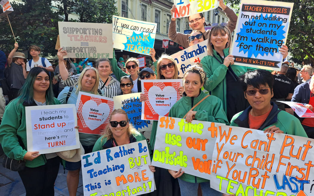 Hillpark School was out in force with around 16 of their faculty being at the Auckland strike. Louisa Longone (Bottom second from right) says teachers need more resources, particularly when it comes to managing students with special needs.