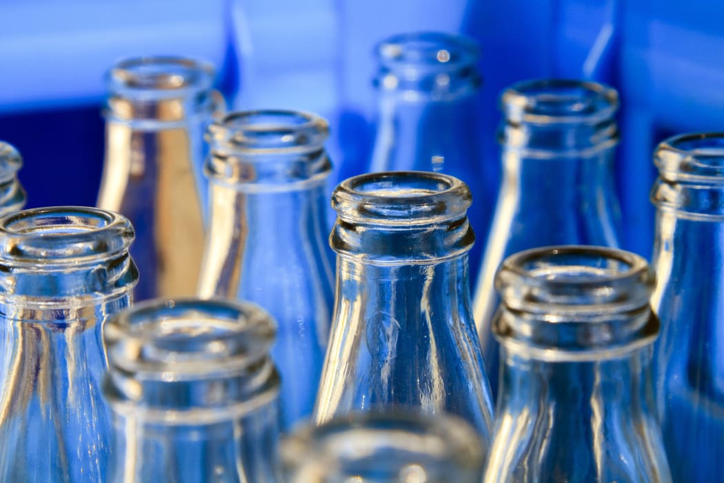 Glass bottles.