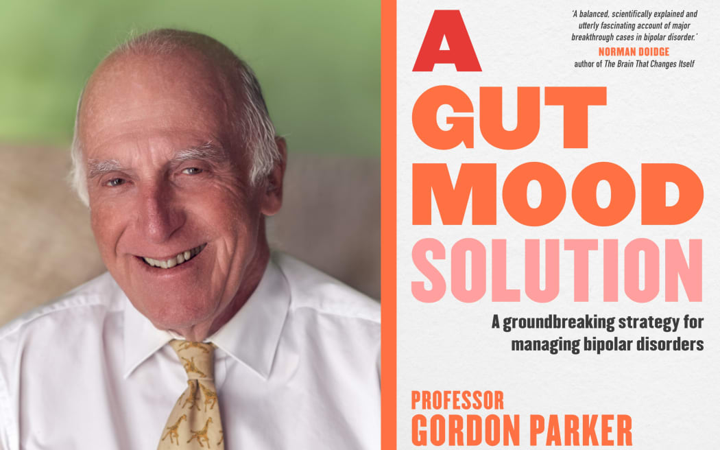 A composite showing a photograph of Professor Gordon Parker on the left and the cover of the book 'A Gut Mood Solution' by Professor Gordon Parker on the right. Gordon smiles at the camera, wearing a white shirt and a tie patterned with giraffes. The book cover has a plain white background, colourful title, and the subtitle: "A GROUNDBREAKING STRATEGY FOR MANAGING BIPOLAR DISORDERS".