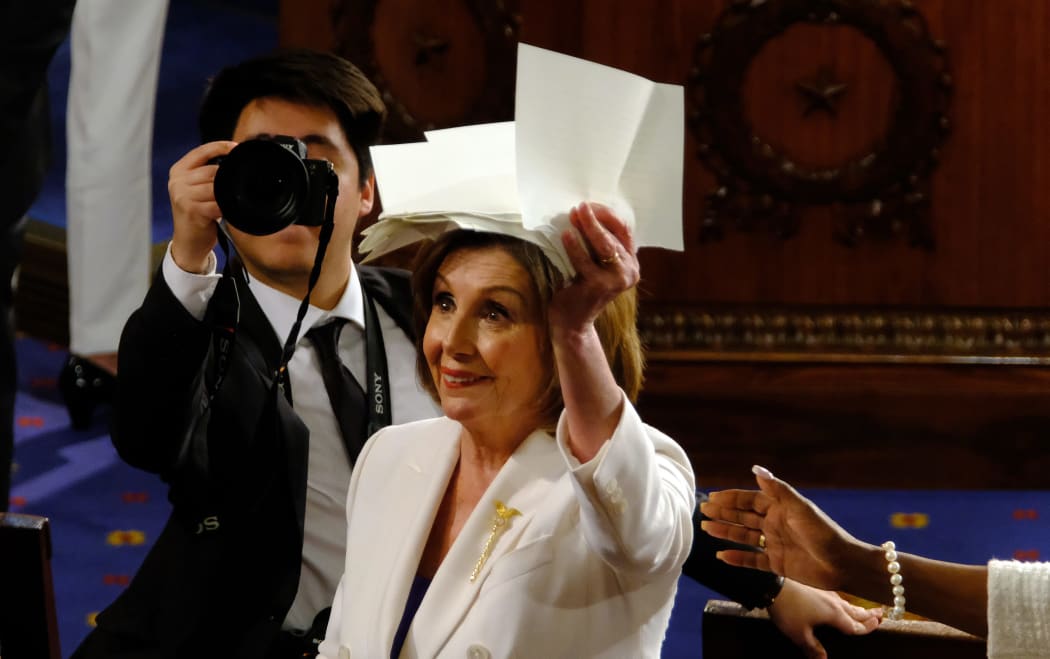 Speaker of the House Nancy Pelosi with a copy of President Donald Trumps speech after tearing it up at the State of the Union speech to Congress, 4 February 2020.