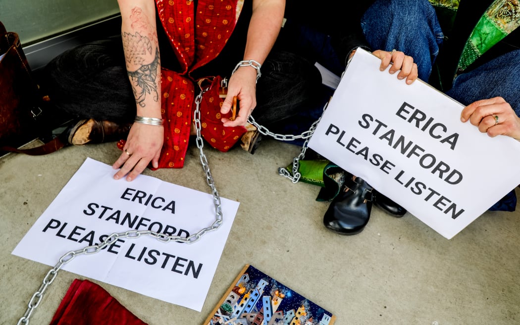 Clergy are protesting the government's lack of recognition for a Palestinian state at MP Erica Stanford's electorate office.