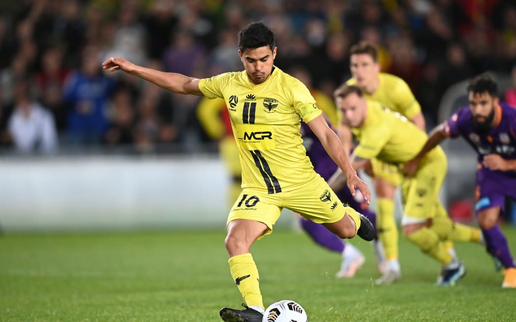 Ulises Davila takes a penalty for the Phoenix in a A League match in 2021.