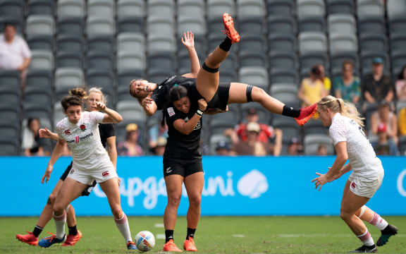 Black Ferns Sevens captain Sarah Hirini of New Zealand goes high for the ball.