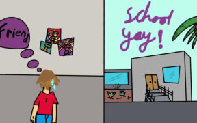 Two panels from a comic by a 9 year old boy from West Auckland
