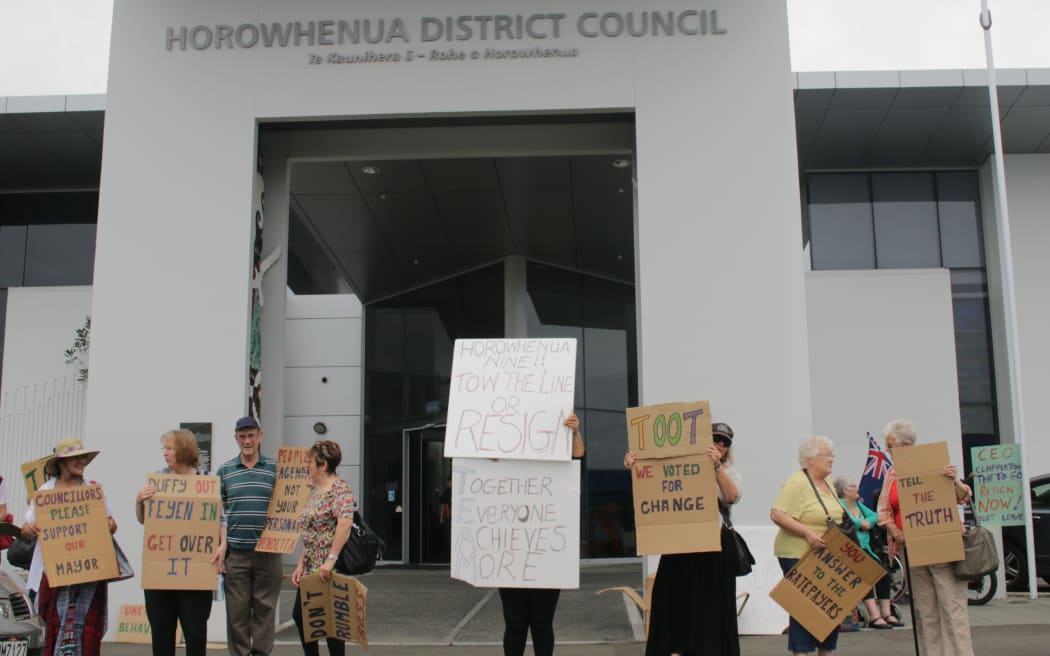 Protesters outside the Horowhenua District Council office in Levin.