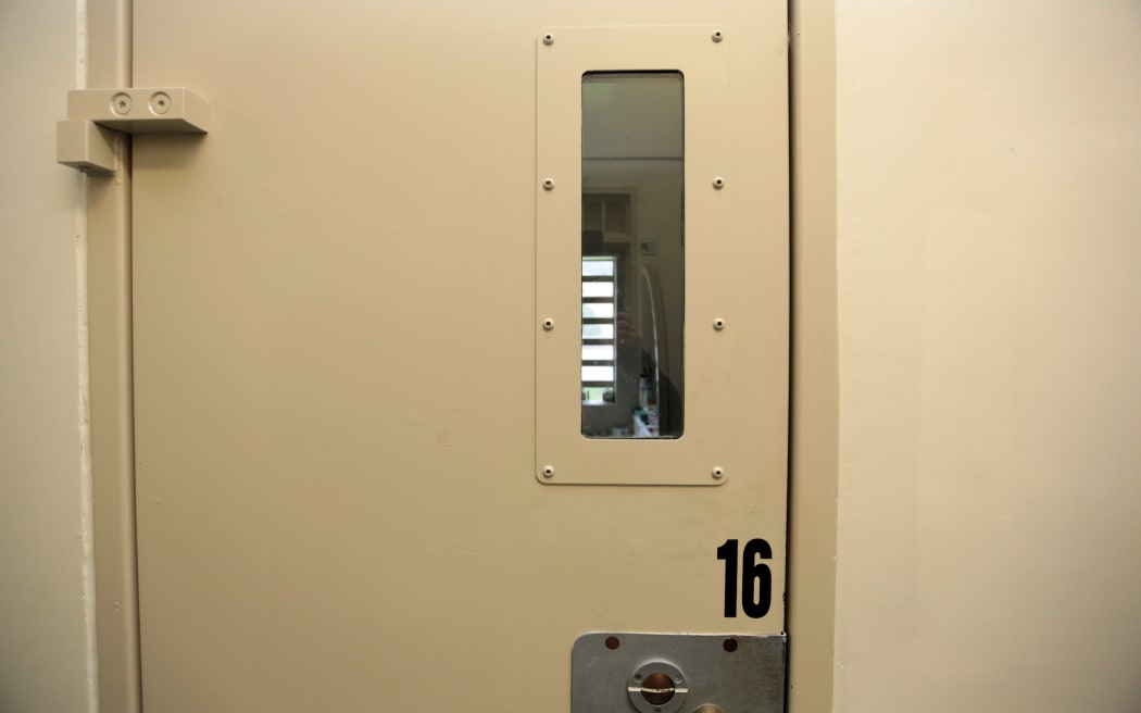 170714. Photo Diego Opatowski / RNZ. Visit to the Rimutaka Prison. High Dependency Unit. Cell door.