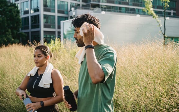 An Asian couple on a walk