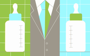 Stylised illustration of a baby bottle and suit and tie