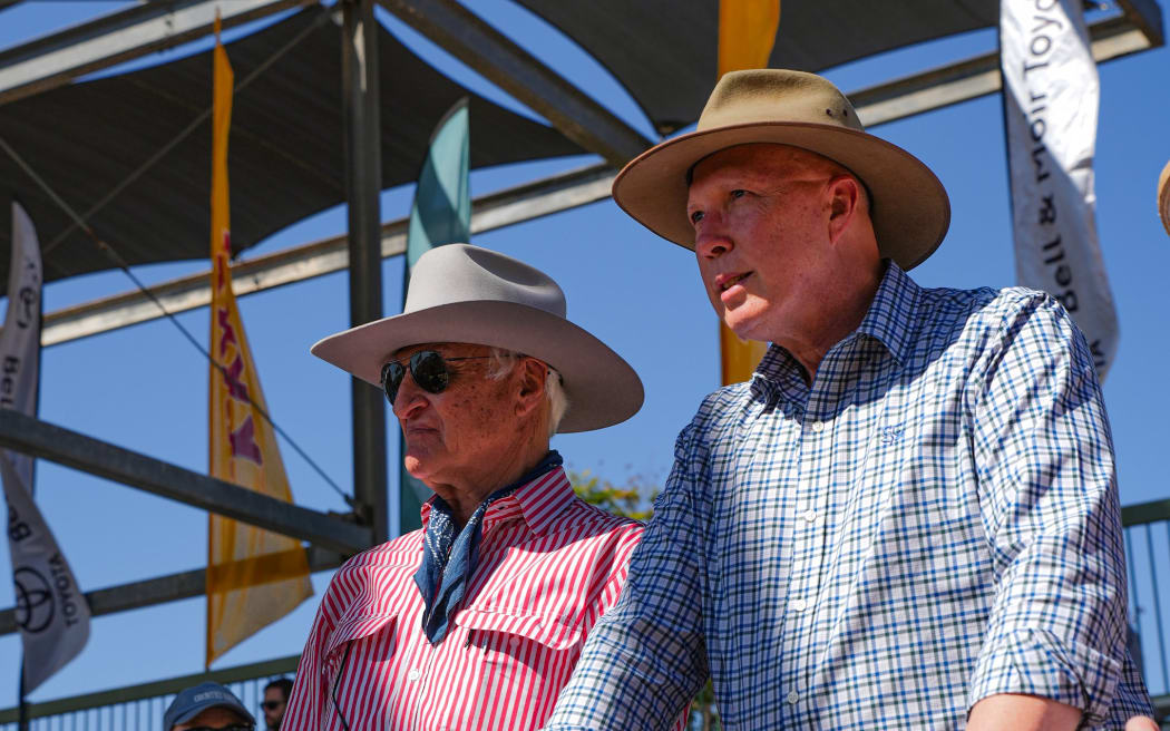 Opposition Leader Peter Dutton (right) with local member Bob Katter (left), a vocal proponent of a "zonal" tax system.