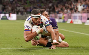 Marcelo Montoya of the Warriors scores a try during the Melbourne Storm v New Zealand Warriors match during the Telstra NRL Premiership at AAMI Park, Melbourne, Australia on Saturday 16 March 2024. © Copyright photo: Scott Barbour / www.photosport.nz