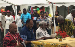 (from left:) United Liberation Movement for West Papua chairman Benny Wenda, Vanuatu prime minister Charlot Salwai and deputy prime minister Joe Natuman, as well as ULMWP deputy chairman Octo Mote at the Movement's summit in Port Vila, 1 December 2017.