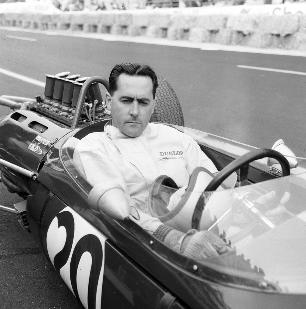 Australian racing driver Jack Brabham during practice prior to the French Grand Prix at the Rouen Les Essarts race track in Rouen, France, on June 26, 1964.