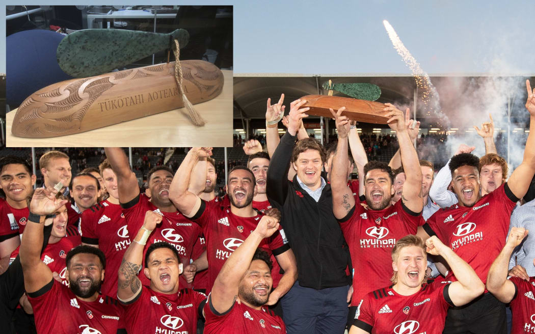 The Super Rugby Aotearoa trophy after it suffered minor damage after it was secured by the Crusaders.