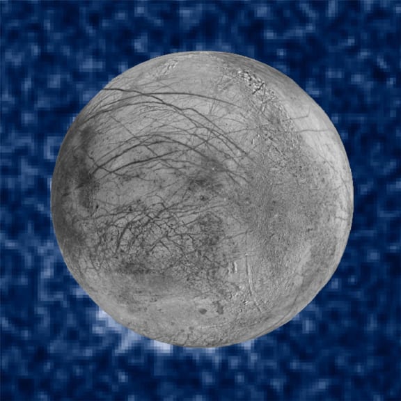 A composite image showing suspected plumes of water vapor erupting at the 7 o’clock position, as photographed by NASA’s Hubble telescope.