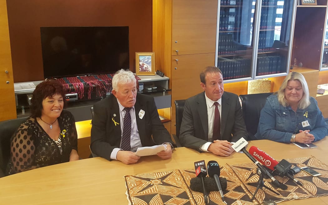 Andrew Little (2nd right) with Pike River family representatives (from left) Anna Osborne, Bernie Monk and Sonya Rockhouse.