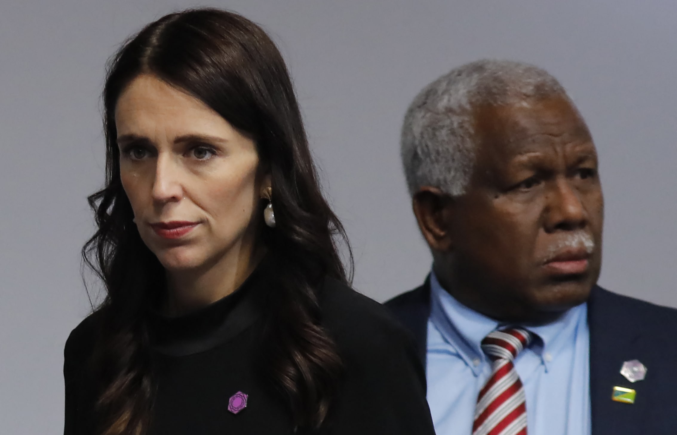 New Zealand Prime Minister Jacinda Ardern and Solomon Islands Prime Minister Manasseh Sogavare attend the executive session of the Commonwealth Heads of Government Meeting, at Lanacaster House in London on 19 April, 2018.