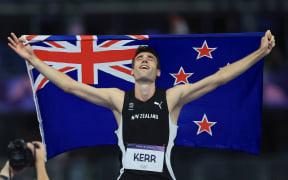 Hamish Kerr from New Zealand in the final of the men’s high jump at Stade de France, Paris.