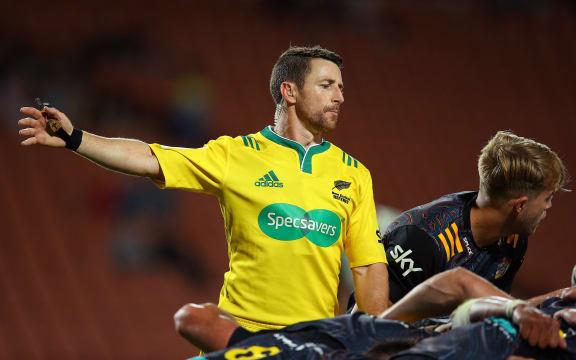 Referee Paul Williams. Super Rugby - Chiefs v Highlanders. FMG Stadium Waikato, Hamilton, New Zealand. Friday 5 March 2021.