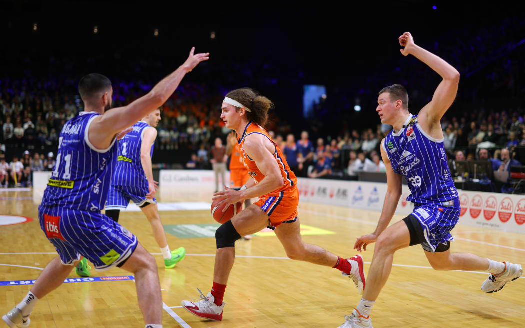 Sharks Josiah Allick (C during the Sal’s NBL Grand Final - Wellington Saints v Southland Sharks at TSB Arena,  Wellington. 20 July 2025. © Copyright image by Marty Melville / www.photosport.nz