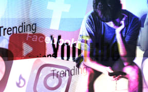 Composite of social media apps and teenager with phone