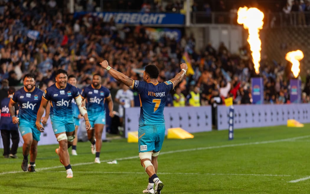 Moana Pasifika captain Ardie Savea celebrates his side's win over the Blues.