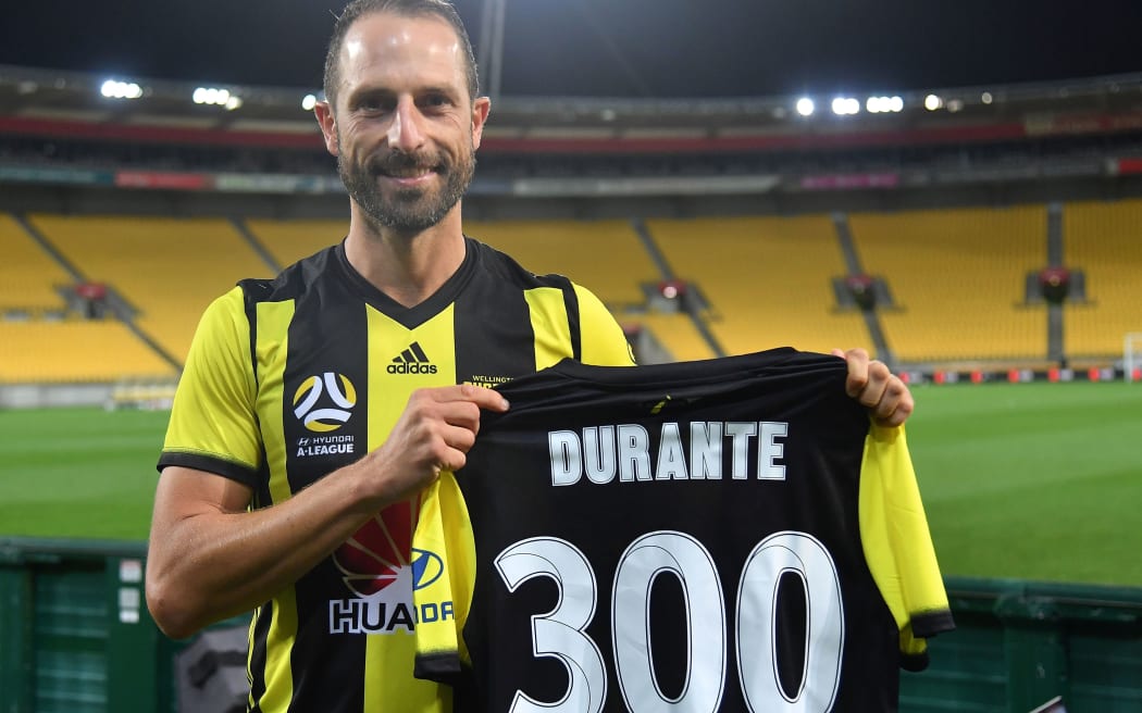 Andrew Durante celebrates his 300th game against the Central Coast Mariners in Wellington in January.