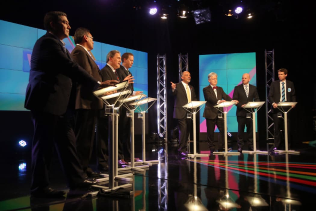 From left:  Brendan Horan, Hone Harawira, Winston Peters, Russel Norman, Te Ururoa Flavell, Peter Dunne, Jamie Whyte and Colin Craig.