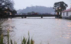 A view of Nelson's flooded Maitai River from the Trafalgar Street bridge on 18 August, 2022.