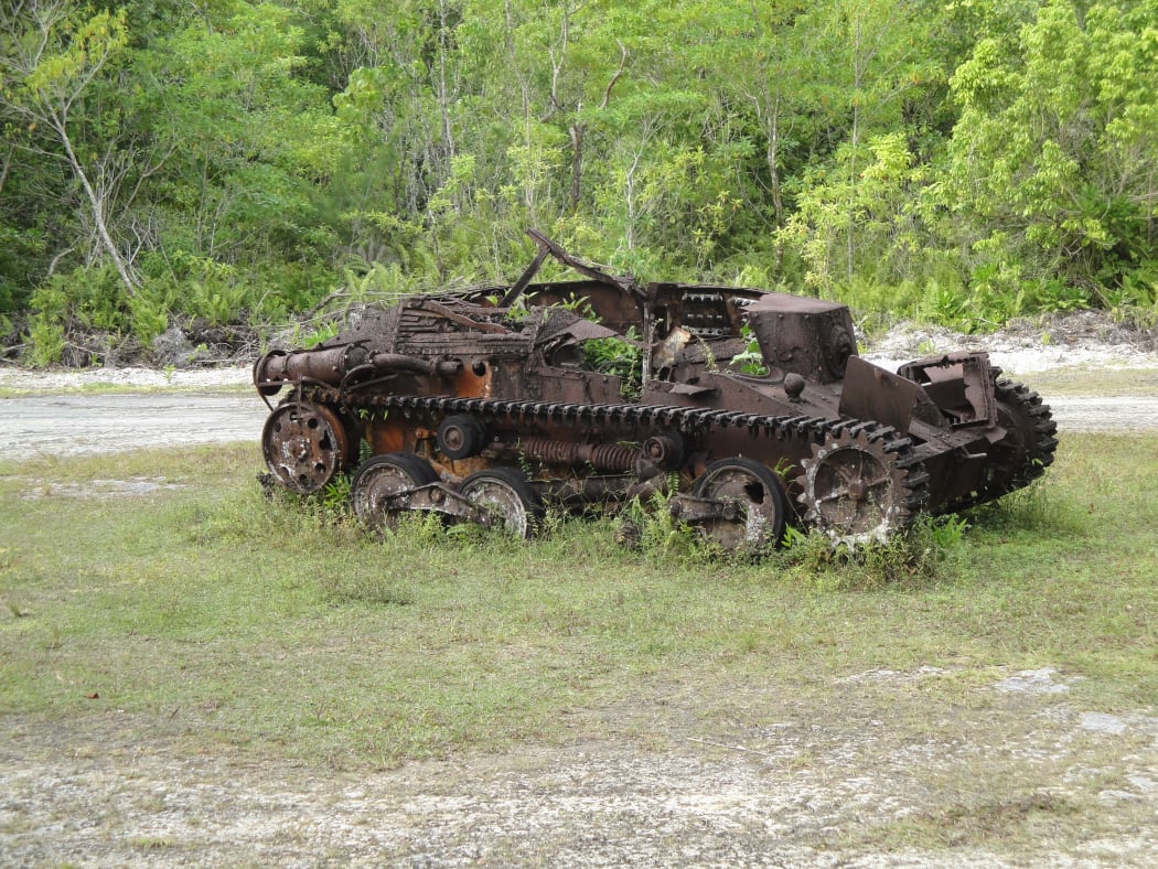 The wreckage of a WWII tank in Peleliu