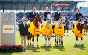 The New Zealand eventing team at the Nations Cup in Germany.