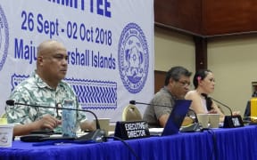 Fisheries talks in Majuro were overseen Tuesday by, from left: Western and Central Pacific Fisheries Commission Executive Director Feleti Teo, Marshall Islands Marine Resources Authority Director Glen Joseph, and WCPFC Compliance Manager Lara Manarangi Trott.