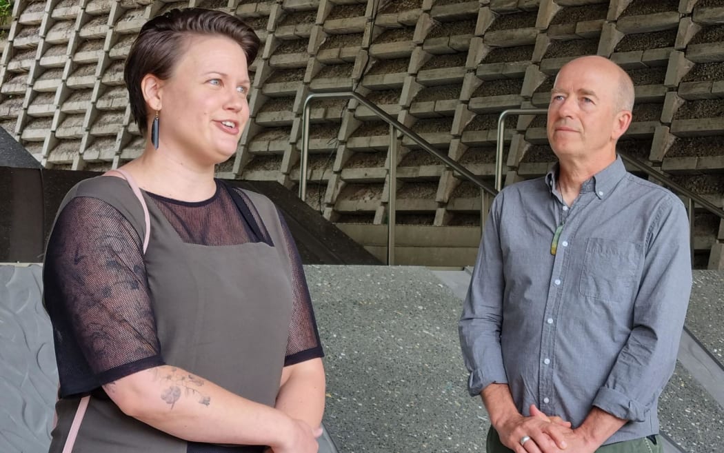 Auckland Council's public art manager Hayley Wolters and public art project manager David Thomas at the site of the new interactive art installation 'Waimahara' by Graham Tipene. Wolters says the new work makes Myers Park in central Auckland a friendlier space.