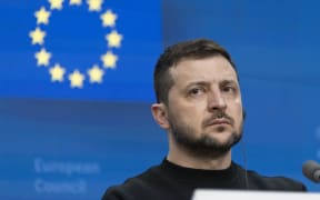 Belgium, Brussels, 2023-02-09. Ukrainian President Volodymyr Zelensky speaks to the press during a press conference of the special European Council. Photograph by Diego Ravier / Hans Lucas.  Belgique, Bruxelles, 2023-02-09. Le president ukrainien Volodymyr Zelensky s adresse a la presse lors d une conference de presse du Conseil europeen special
Photographie de Diego Ravier / Hans Lucas. (Photo by Diego Ravier / Hans Lucas / Hans Lucas via AFP)