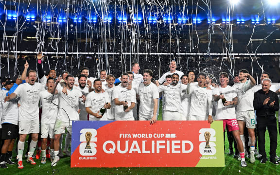 New Zealand players celebrate winning OFC Qualifiers Final at Eden Park