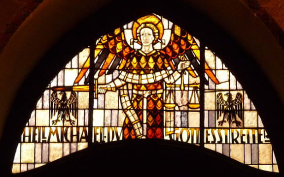 Saint Michael; stained glass in the Pfarrkirche St. Martin in Linz am Rhein (Germany).