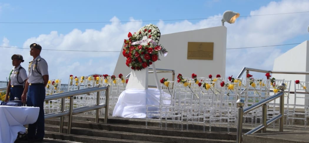 Three-four empty decorated chairs at the base of the Veterans Memorial Monument during Saturday’s government sponsored tsunami memorial service marking the 10th anniversary of the September 2009 tsunami which claimed the lives of 34 people in American Samoa.