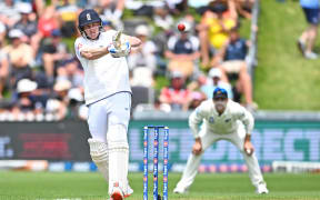 Harry Brook bats on the first day of the second cricket test between New Zealand and England at the Basin Reserve, Wellington.