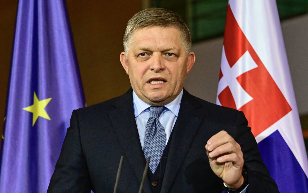 (FILES) Slovakia's Prime Minister Robert Fico speaks during a press conference with the German Chancellor at the Chancellery in Berlin on January 24, 2024. Slovakia's PM has been shot on May 15, 2024, after a government meeting and taken to hospital: according to local media reports. (Photo by JOHN MACDOUGALL / AFP)