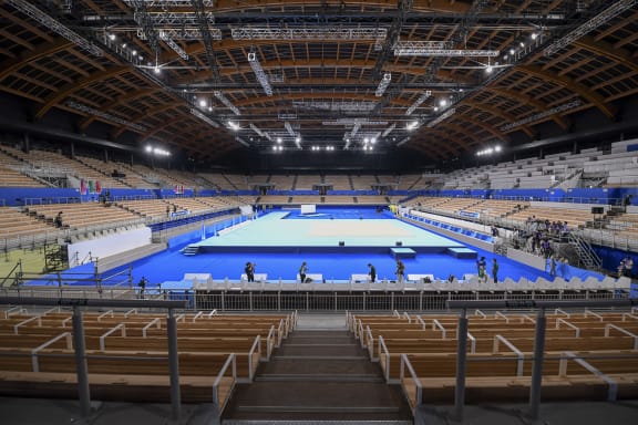 This picture shows a general view of the Ariake Gymnastics Centre, a venue for artistic, rhythmic and trampoline gymnastics events during the Tokyo 2020 Olympic Games, before a rhythmic gymnastics test event in Tokyo on May 8, 2021.