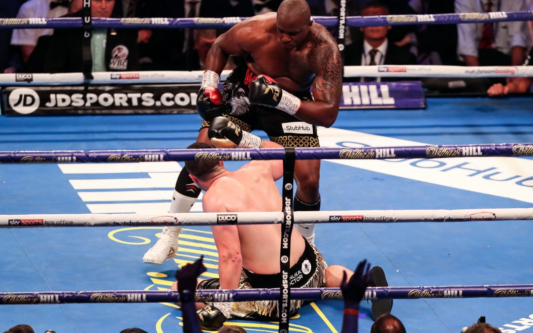 Joseph Parker hits the canvas against Dillian Whyte.