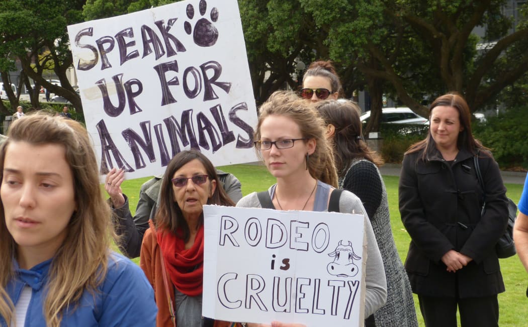 Protesters, who want rodeo to be banned, presented a petition to parliament.