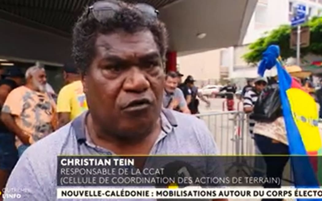 Christian Tein, Head of pro-independence Union Calédonienne’s Field Actions’ Coordination Committee, speaking at during a march on Thursday 28 March 2024