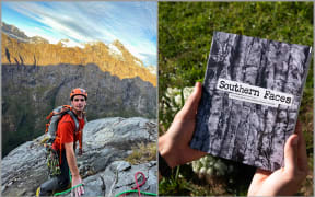 Left: Riley conquering a mountain in Fiordland. Right: his book Southern Faces.