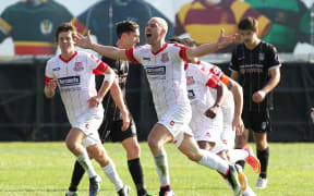 Birkenhead's Jarrod Smith celebrates his goal in the 2016 Chatham Cup Final.