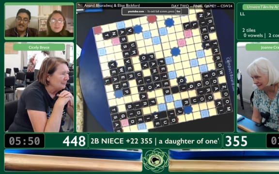 Cecily Bruce (left) and Joanne Craig battle it out at the 2026 Scrabble NZ Women’s Championship.