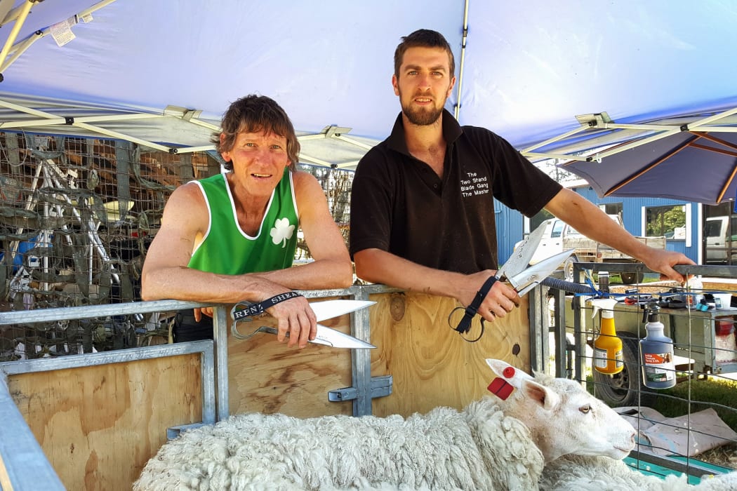 Commercial blade shearers Phil and Allan Oldfield take a break from shearing a mob of sheep on Russell Brodie's farm at Rangitata in South Canterbury.