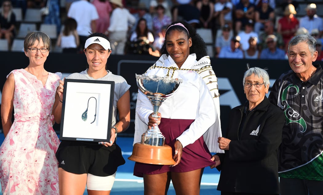 Serena Williams from the United States and Jessica Pegula from the United States with Ruia Morrison with Kiingi Tuheitia at the 2020 ASB Classic Womens. ASB Tennis Centre, Auckland, New Zealand. Sunday 12 January 2020. ©Copyright Photo: Chris Symes / www.photosport.nz