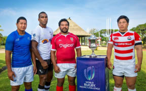 The captains of Samoa A (Patrick Faapele), Fiji Warriors (Mosese Voka), Tonga A (Sione Lolohea) and Junior Japan (Kosuke Horikoshi).