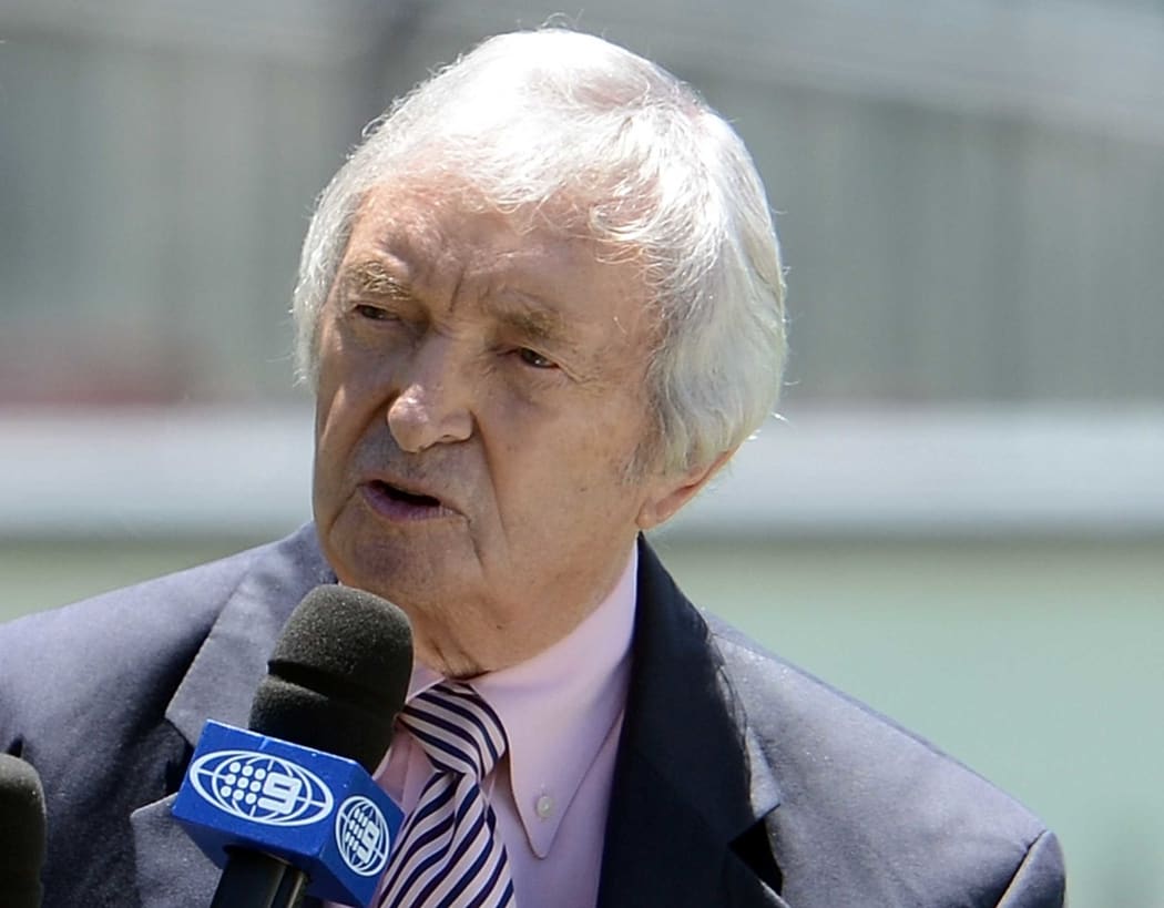 Legendary Australian cricketer and commentator Richie Benaud hosts a talk-show during the lunch break on the fourth day of the third cricket Test match between Australia and Sri Lanka at the Sydney Cricket Ground on January 6, 2013.